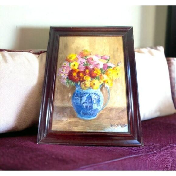Jessica Grey Hand Painted Bouquet Spring Floral Framed Acrylic Painting 12X16